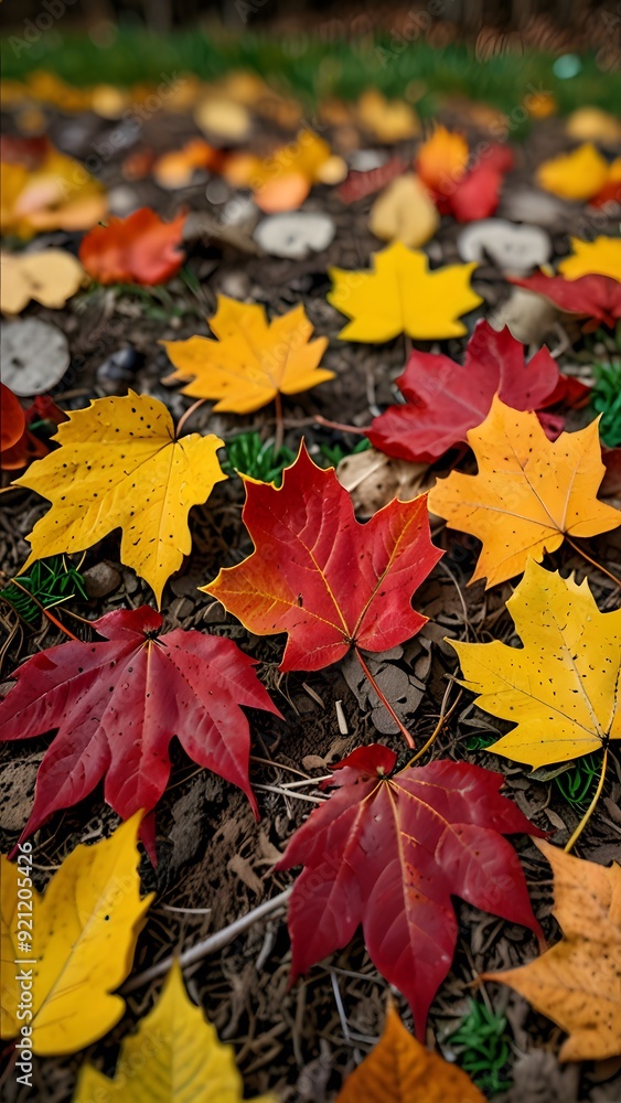 Obraz premium A variety of colorful autumn leaves red, orange, yellow scattered on a natural ground, the richness of fall wallpaper background