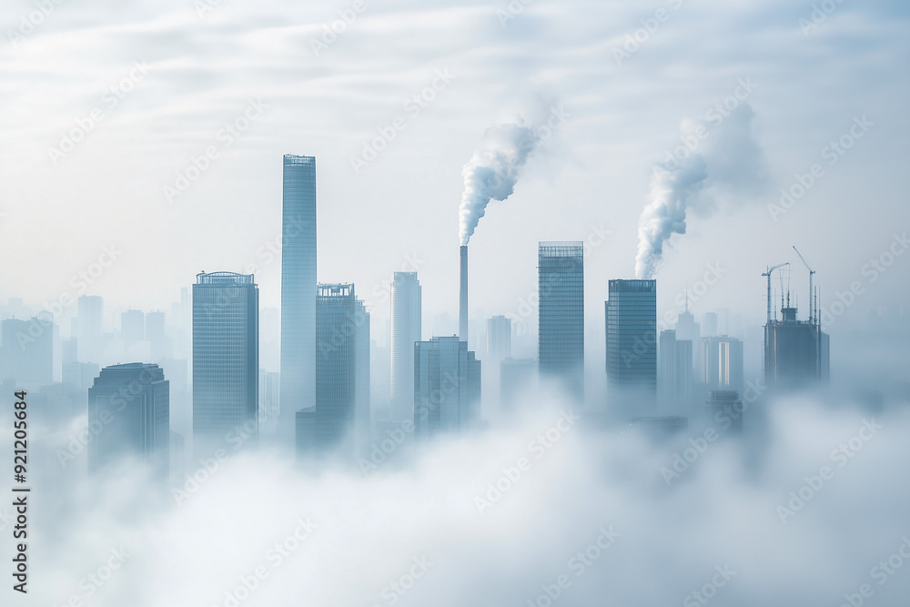 Fototapeta premium tall buildings shrouded in thick smoke and white clouds rising from the chimneys. The cityscape is visible through the misty atmosphere, environmental pollution. 