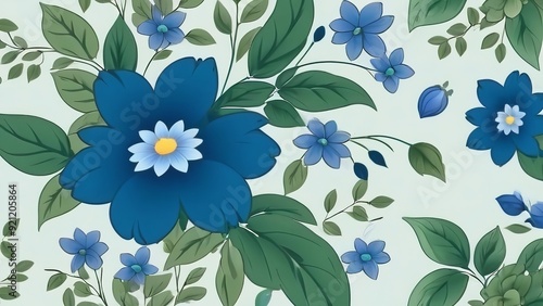 a blue flower wallpaper with green leaves and other flowers behind it for a decoration.Steps: 20, Sampler: k_dpm_2, CFG scale: 5, Seed: 269340767, Size: 1024x576, model: AlbedoBase XL (SDXL) photo