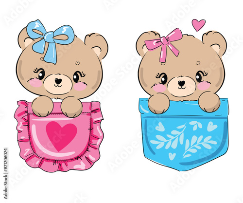 Cute Bear sitting in a pocket vector Sketch, Print Design, children print on t-shirt. Hand Drawn