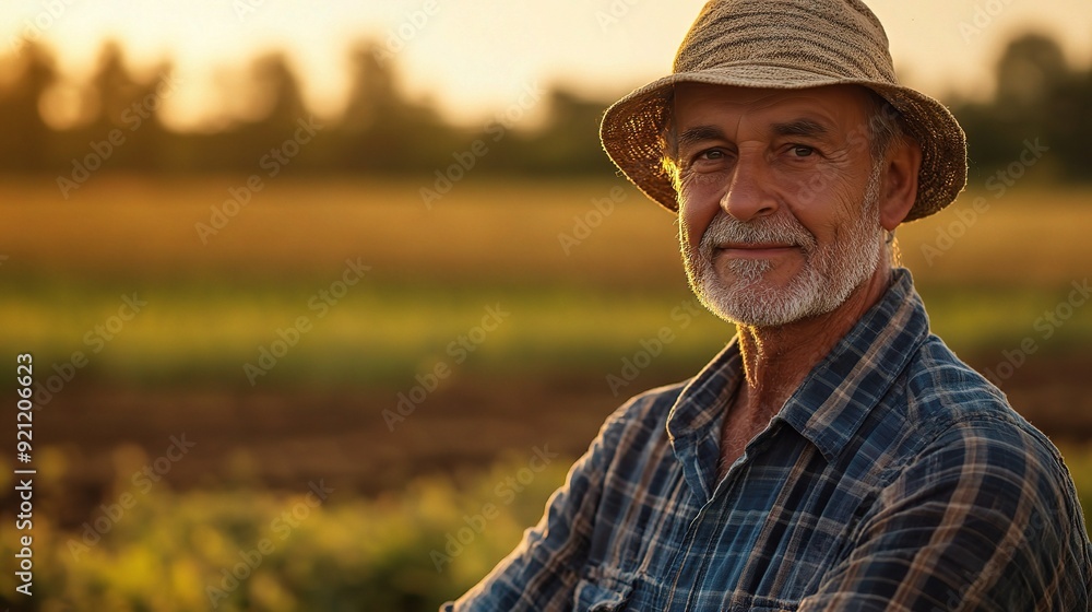 Golden Hour Farmer's Wisdom: Portrait of a weathered farmer in his golden years, bathed in the warm glow of sunset over his fields Golden Hour Farmer's Wisdom: Portrait of a weathered farmer in his golden years, bathed in the warm glow of sunset over his fields