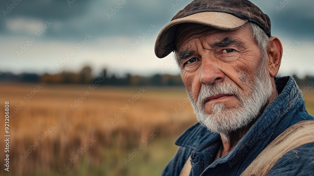 The Weight of the Harvest: A weathered farmer, his face etched with years of toil, stands stoic against a backdrop of storm clouds and golden fields. The Weight of the Harvest: A weathered farmer, his face etched with years of toil, stands stoic against a backdrop of storm clouds and golden fields.
