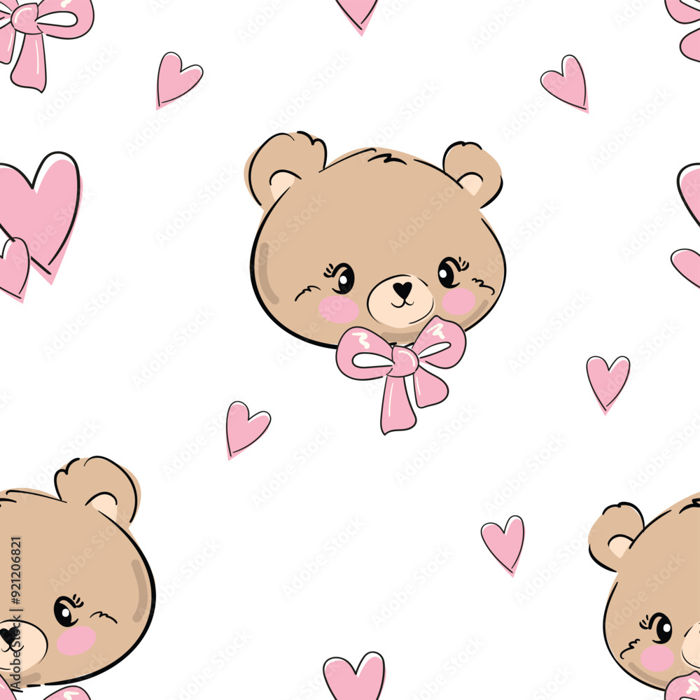 Seamless pattern with cute Teddy Bear and pink heart vector, Kids trend print Seamless pattern with cute Teddy Bear and pink heart vector, Kids trend print