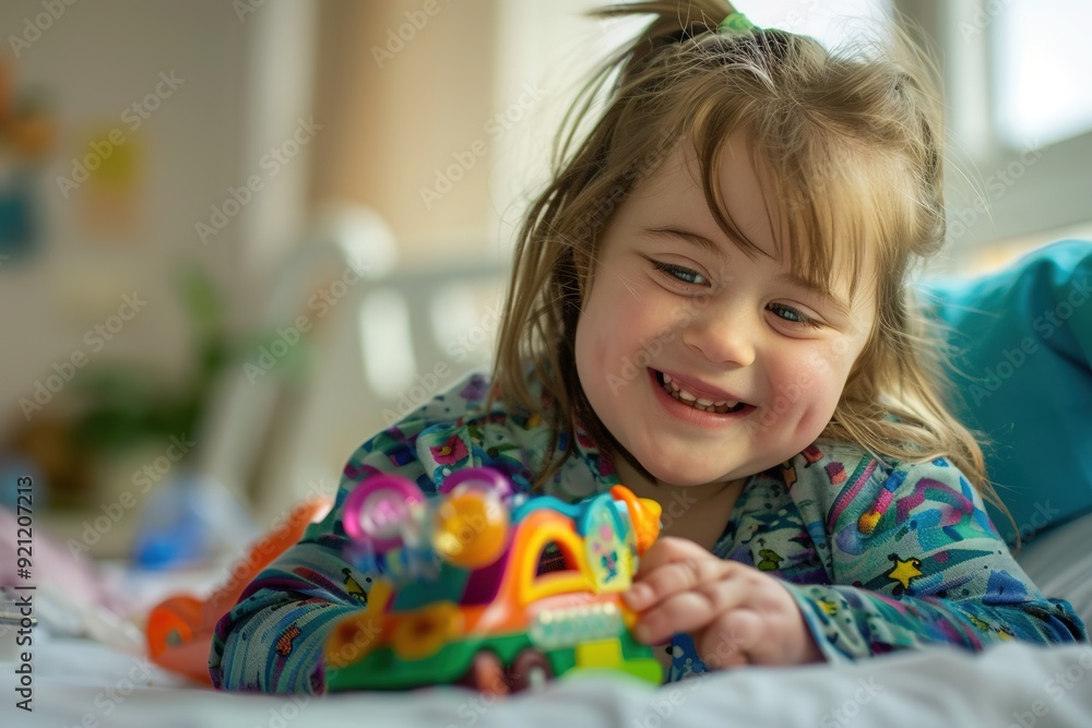 Happy child playing with colorful toy on bed Happy child playing with colorful toy on bed