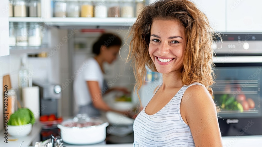 A woman with curly hair and a big smile poses in a kitchen, surrounded by various cooking ingredients, creating a vibrant and inviting atmosphere as another person cooks behind. A woman with curly hair and a big smile poses in a kitchen, surrounded by various cooking ingredients, creating a vibrant and inviting atmosphere as another person cooks behind.