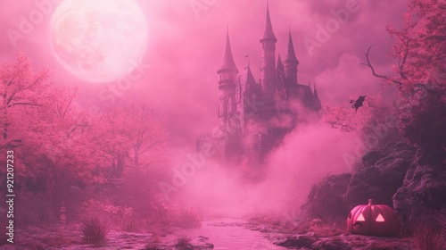 Pink Halloween scene with castle 