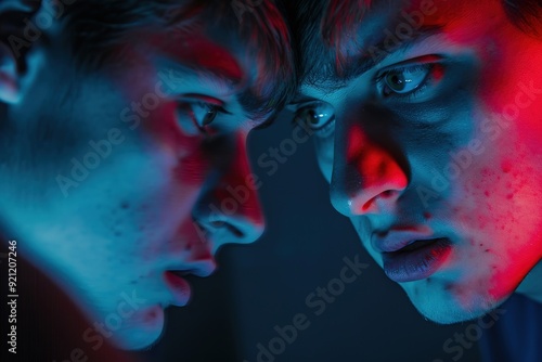 Man's reflection in mirror with dramatic red and blue lighting