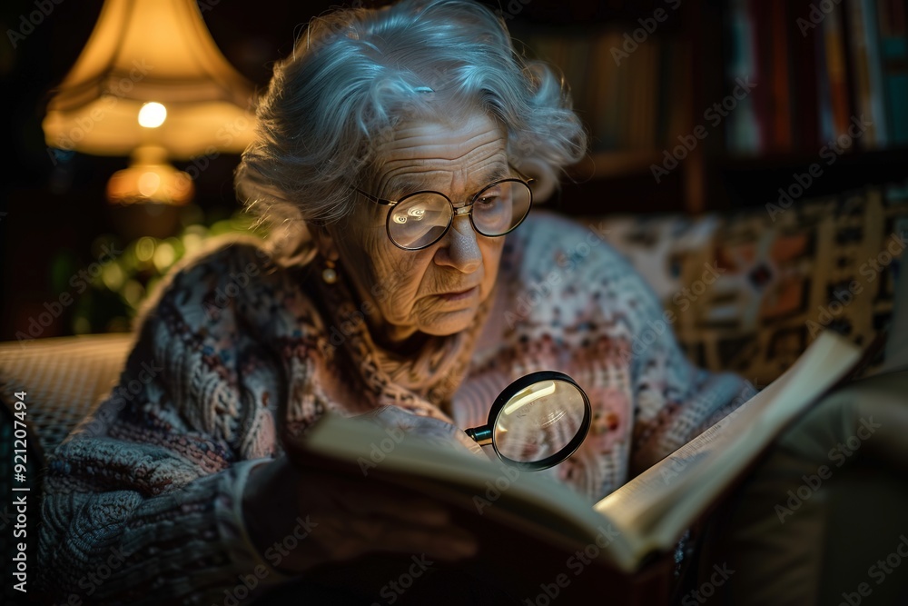 Elderly woman reading with magnifying glass, cozy interior Elderly woman reading with magnifying glass, cozy interior