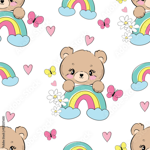 Seamless pattern with cute Teddy Bear vector, Kids trend print