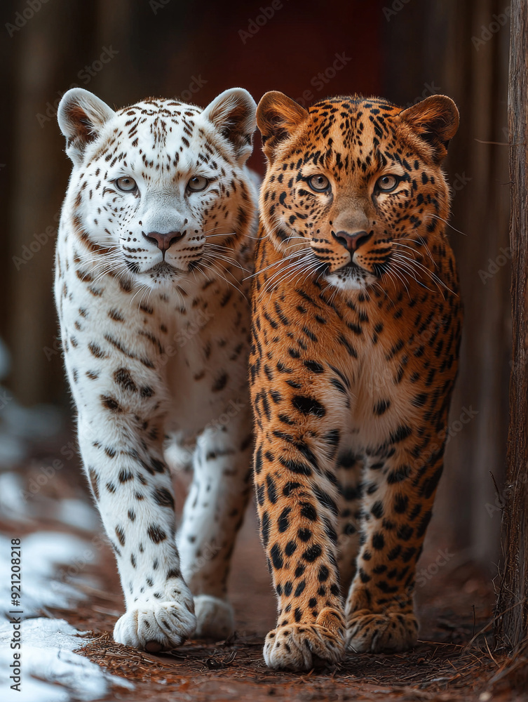 Fototapeta premium A Panther and a Leopard Walking Side by Side on a Bold Red Background