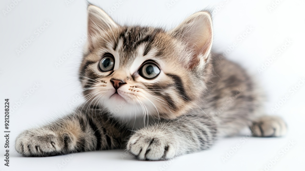 Adorable tabby kitten playfully stretching, showcasing its big eyes and soft fur against a clean white background. Adorable tabby kitten playfully stretching, showcasing its big eyes and soft fur against a clean white background.