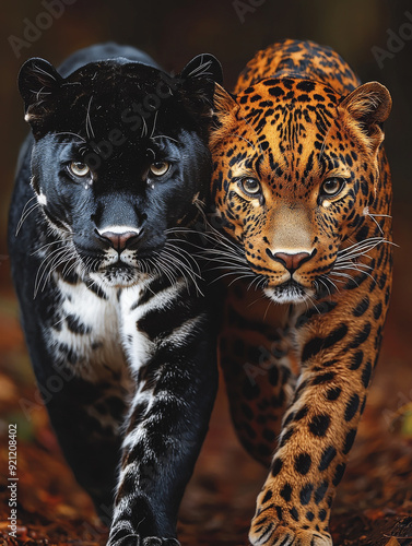 A Panther and a Leopard Walking Side by Side on a Bold Red Background