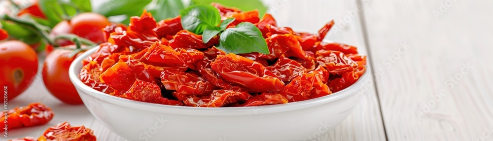 Sun-dried tomatoes on a white plate and on a wooden table. Dried tomatoes. Sun-dried tomatoes on a white plate and on a wooden table. Dried tomatoes.