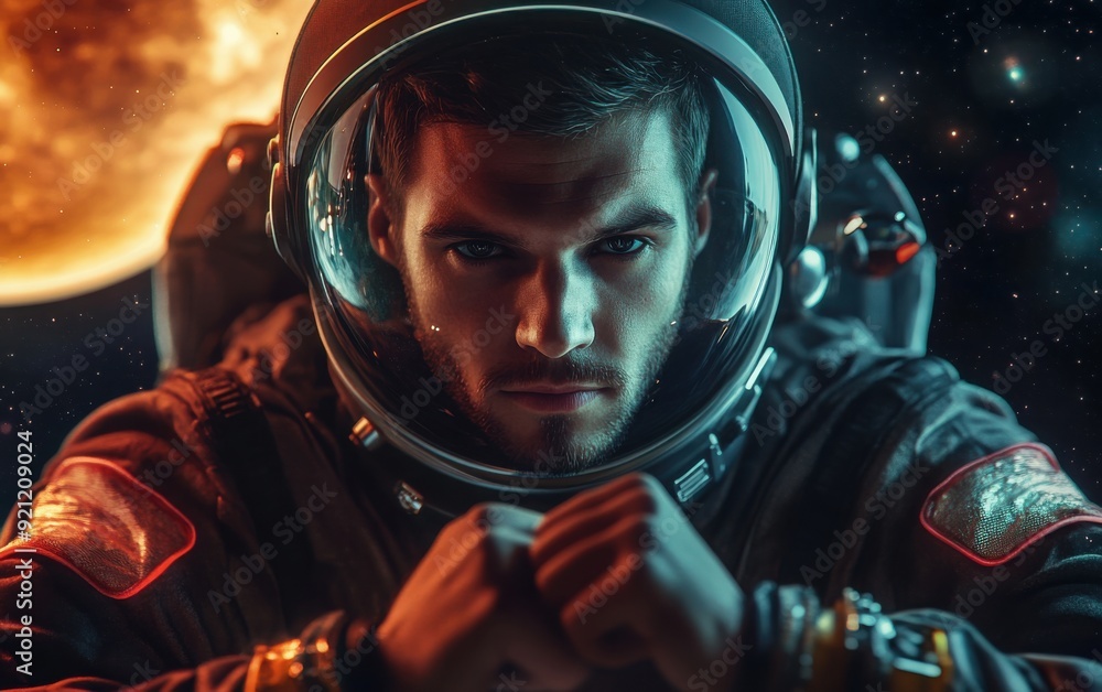 A handsome man in an astronaut suit with a space background featuring planets A handsome man in an astronaut suit with a space background featuring planets