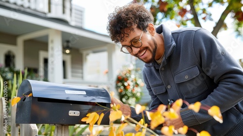 A person is seen getting mail from a black mailbox in a rural or suburban area, characterized by the changing season, residential houses, and a calm, picturesque setting. photo