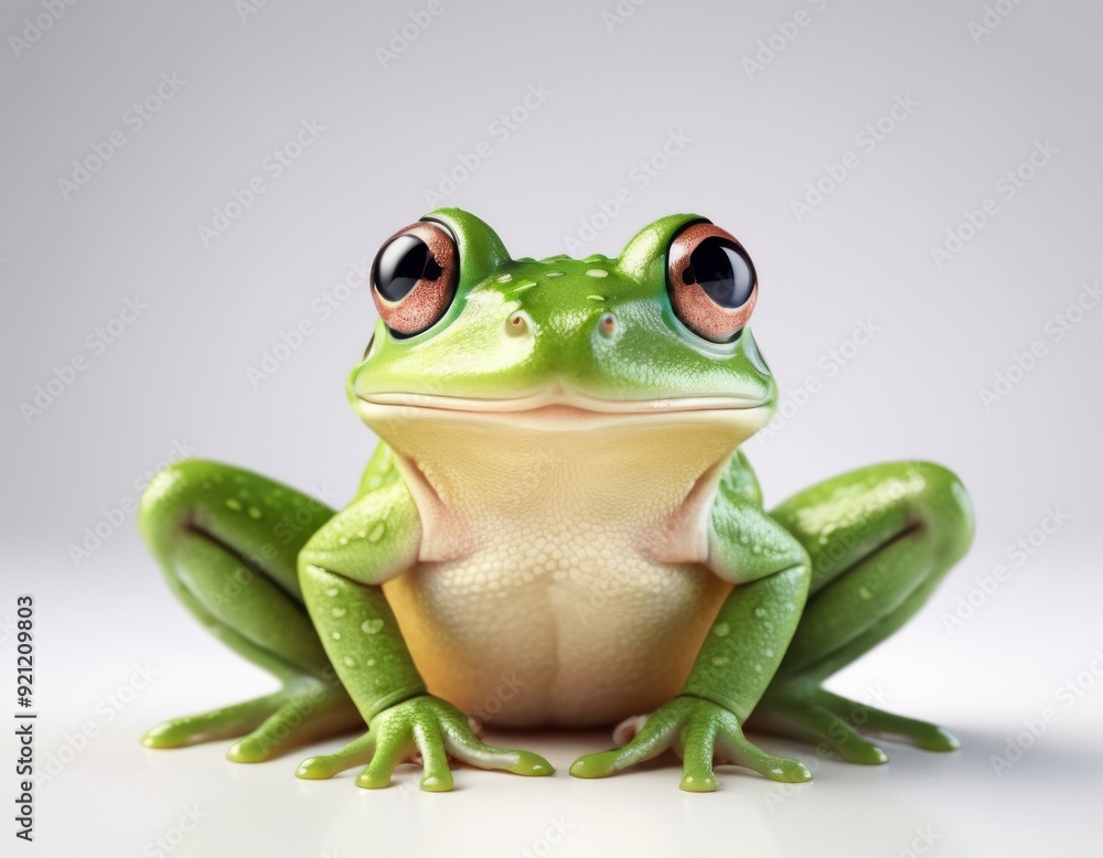 Obraz premium A cartoon green frog sitting in 3d cartoon style on grey background Tropical animal For children book Generative AI