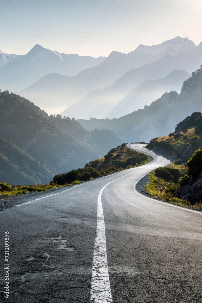 Fototapeta premium A long road in the mountains, winding around and up to mountain peaks