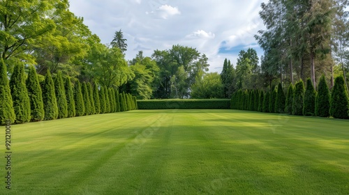 Lush Green Oasis Surrounded by Towering Trees and Vibrant Shrubs, Tranquil Yard Ideal for Relaxation and Outdoor Gatherings in a Private Sanctuary Setting