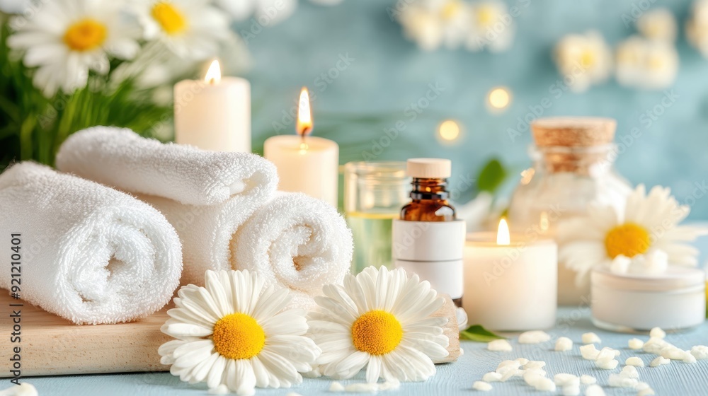 Relaxing spa setting with towels, candles, essential oils, and fresh daisies for a calming atmosphere. Relaxing spa setting with towels, candles, essential oils, and fresh daisies for a calming atmosphere.