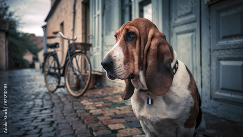 Portrait of Basset Hound Pensive on Cobblestone Street in his home country, France, with Vintage Bicycle in Blurred Background.
