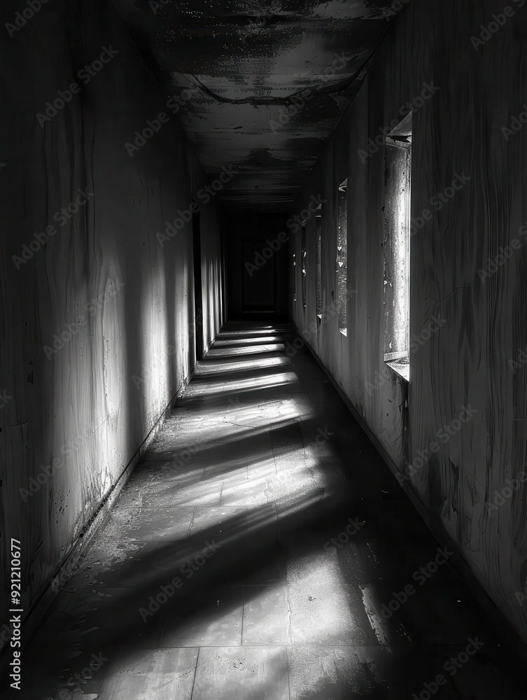 Dark Creepy Hallway: Abandoned Architecture with Long Shadows and Skittish Walls Dark Creepy Hallway: Abandoned Architecture with Long Shadows and Skittish Walls