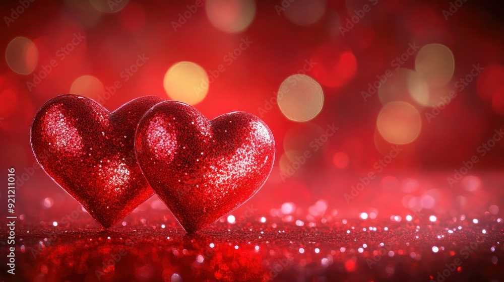 Two hearts are on a red with glitter background Two hearts are on a red with glitter background