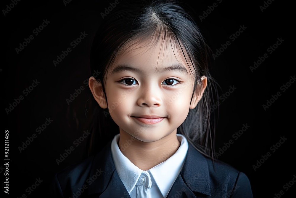 Joyful Asian girl in school uniform shows confidence against isolated dark background. Joyful Asian girl in school uniform shows confidence against isolated dark background.