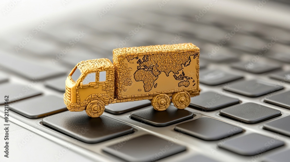 A golden toy truck on a laptop keyboard symbolizes logistics, transport, and global connectivity in modern technology. A golden toy truck on a laptop keyboard symbolizes logistics, transport, and global connectivity in modern technology.