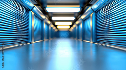 A futuristic storage facility with blue tones and illuminated corridor, showcasing a clean and organized environment.