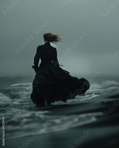 woman black dress walking beach long hair princess standing maelstrom inspiring wearing clothes cape fall winter promotional liberation grieving story