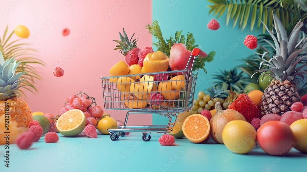 Shopping Cart Full of Fresh Fruits on a Colorful Background. Shopping Cart Full of Fresh Fruits on a Colorful Background.