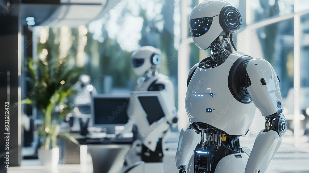 A futuristic office scene with robotic employees, A futuristic office scene with robotic employees,
