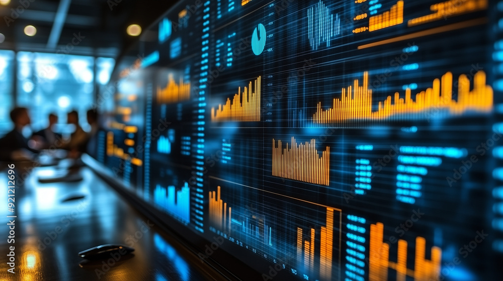 A business team analyzing their project results, with a projection of their performance metrics on the wall A business team analyzing their project results, with a projection of their performance metrics on the wall