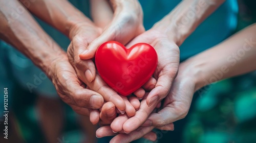 Multiple hands holding a red heart together, symbolizing unity, compassion, teamwork, and collective care in a supportive work environment. photo