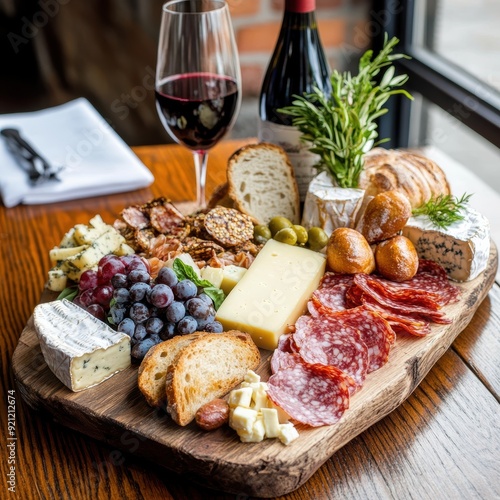 A beautifully arranged charcuterie board featuring gourmet cheeses, cured meats, fruits, and a glass of red wine.