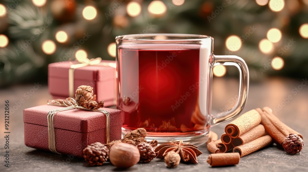 A cozy holiday scene featuring a glass of warm beverage, festive gifts, and aromatic spices, perfect for winter celebrations. A cozy holiday scene featuring a glass of warm beverage, festive gifts, and aromatic spices, perfect for winter celebrations.