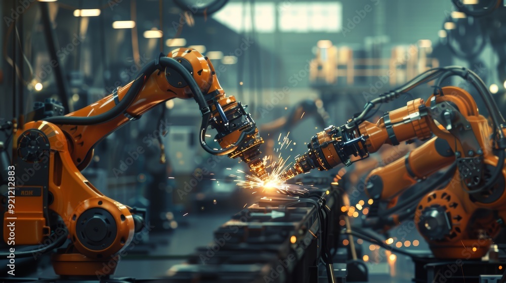 Engineer Programming Welding Robots for Enhanced Efficiency in Modern Factory Assembly Line Engineer Programming Welding Robots for Enhanced Efficiency in Modern Factory Assembly Line