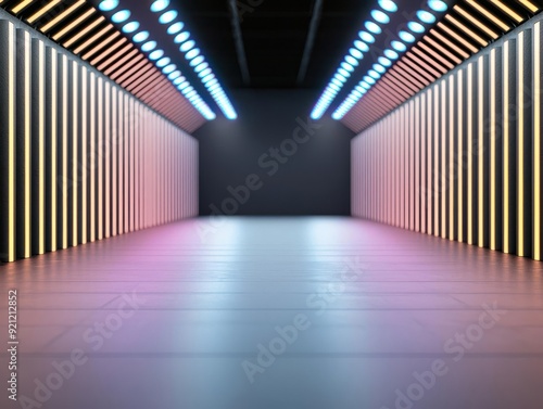 An empty catwalk surrounded by holographic 3D runway lights  ideal for virtual fashion shows