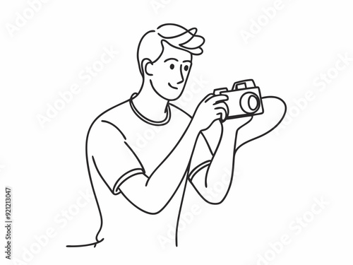 continuous single line drawing of man taking picture with camera, line art vector illustration
