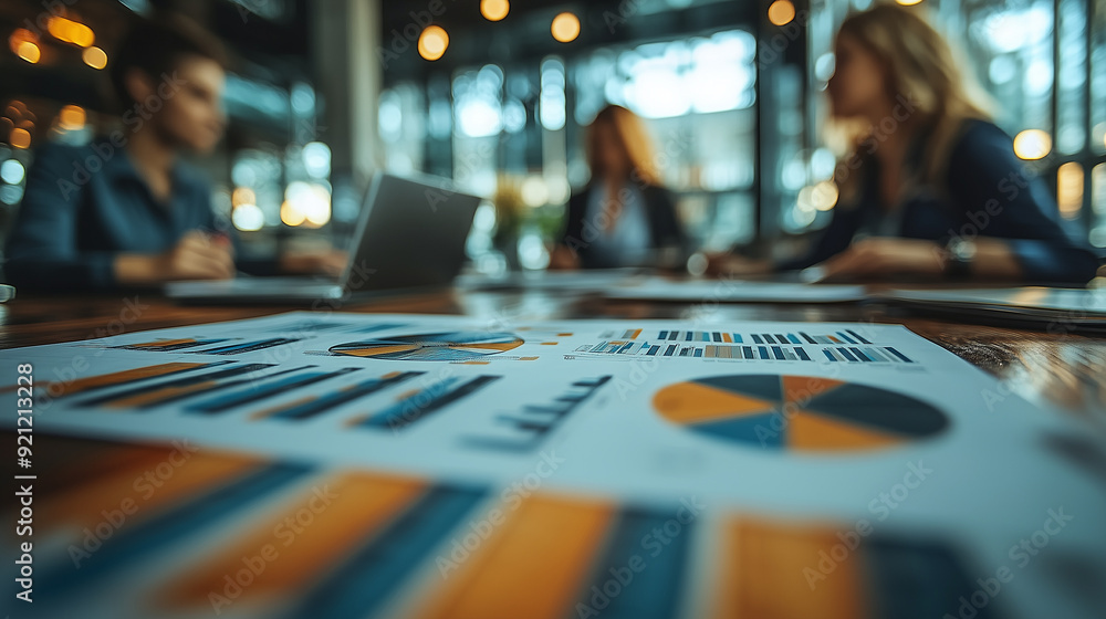 Employees preparing for a project presentation, with charts and graphs printed out and laid on a large table Employees preparing for a project presentation, with charts and graphs printed out and laid on a large table
