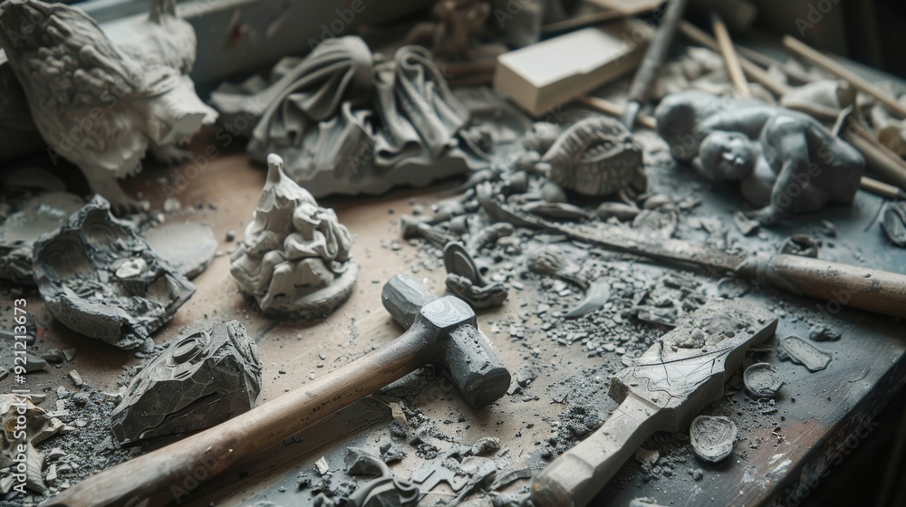 Artist's Workspace with Hammer, Chisel, and Sculpting Tools for Creative Sculpture Projects Artist's Workspace with Hammer, Chisel, and Sculpting Tools for Creative Sculpture Projects