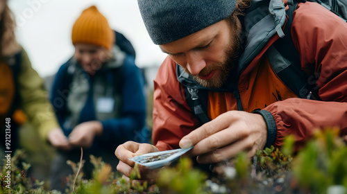 A series of close-up portraits of researchers in the field, with tools and samples in hand, documenting the natural world.


 photo