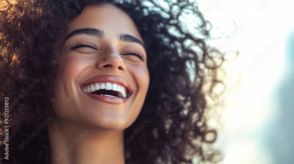 Pure Joy, Radiant Smile: A young woman with curly hair throws her head back in uninhibited laughter, her bright smile a testament to the simple beauty of happiness. Pure Joy, Radiant Smile: A young woman with curly hair throws her head back in uninhibited laughter, her bright smile a testament to the simple beauty of happiness.