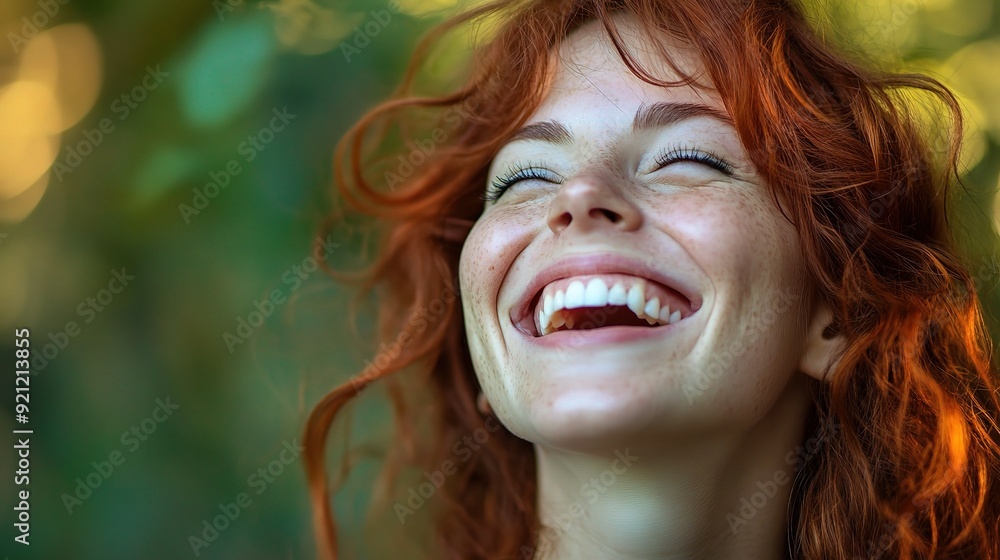 Redhead's Rhapsody in Green: A young redhead with captivating freckles throws her head back in unadulterated joy, her laughter echoing through a lush, sun-dappled forest. Redhead's Rhapsody in Green: A young redhead with captivating freckles throws her head back in unadulterated joy, her laughter echoing through a lush, sun-dappled forest.
