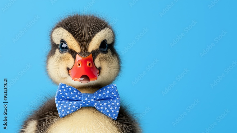 A baby duck wearing a blue bow tie. The duck has a serious expression on its face. Concept of humor and playfulness A baby duck wearing a blue bow tie. The duck has a serious expression on its face. Concept of humor and playfulness