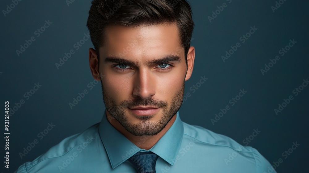 Confident Gaze: A man with piercing blue eyes stares intently into the camera, his confident expression and sharp features exuding power and determination. Confident Gaze: A man with piercing blue eyes stares intently into the camera, his confident expression and sharp features exuding power and determination.