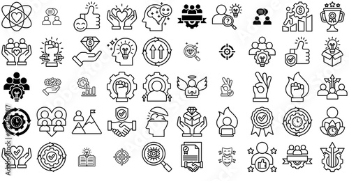 Mega Set Of Vector Core Values Isolated Silhouette Solid Icons With People,Gestures,Gear,Heart,Hand Simple Black Style Symbol Sign For Apps And Website, Vector Illustration