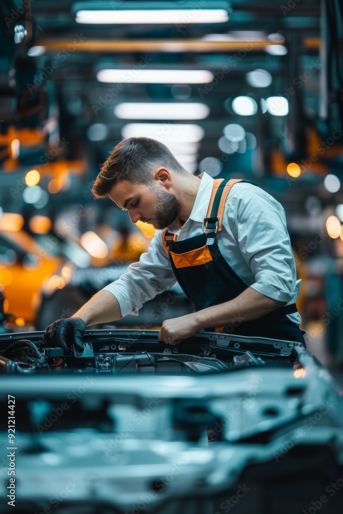 Engineer Conducting Diagnostic Test on Car's Electronic System in Modern High-Tech Factory Engineer Conducting Diagnostic Test on Car's Electronic System in Modern High-Tech Factory