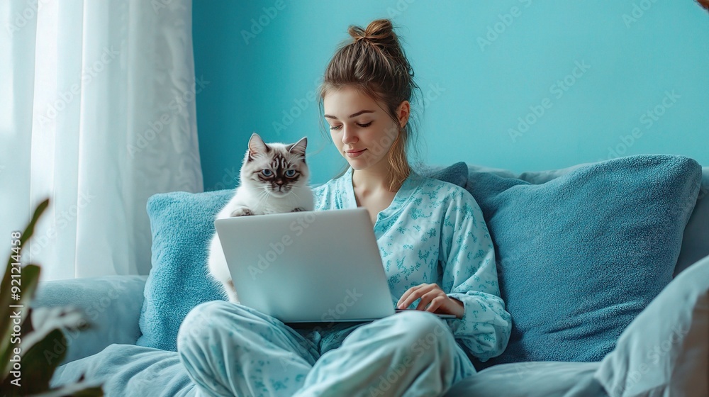 Cozy Home Office: Young woman in pajamas works remotely on laptop with her cat companion on a blue sofa, embracing the work-from-home lifestyle. Cozy Home Office: Young woman in pajamas works remotely on laptop with her cat companion on a blue sofa, embracing the work-from-home lifestyle.
