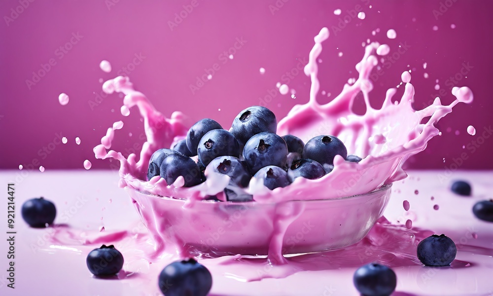 Fresh blueberries splashing into creamy yogurt with a pink background Fresh blueberries splashing into creamy yogurt with a pink background